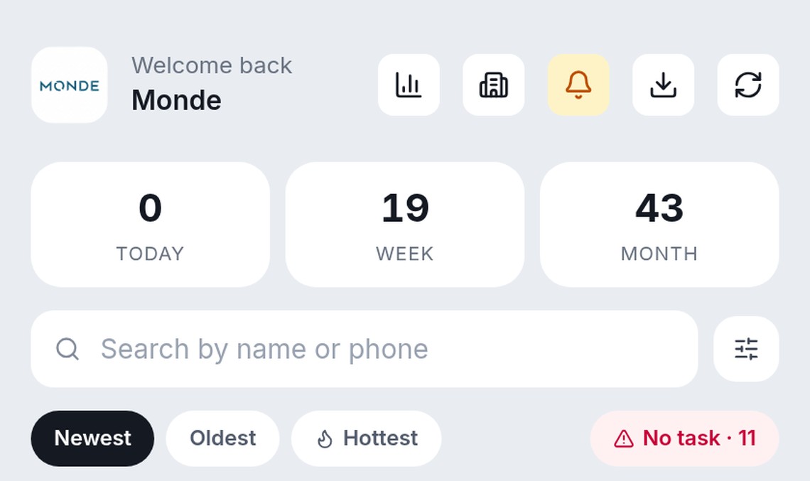 Monde's own Improovy app — every lead in one inbox