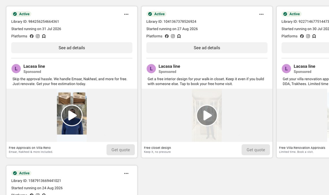 Live Meta ads we run for Lacasa — Facebook Ad Library