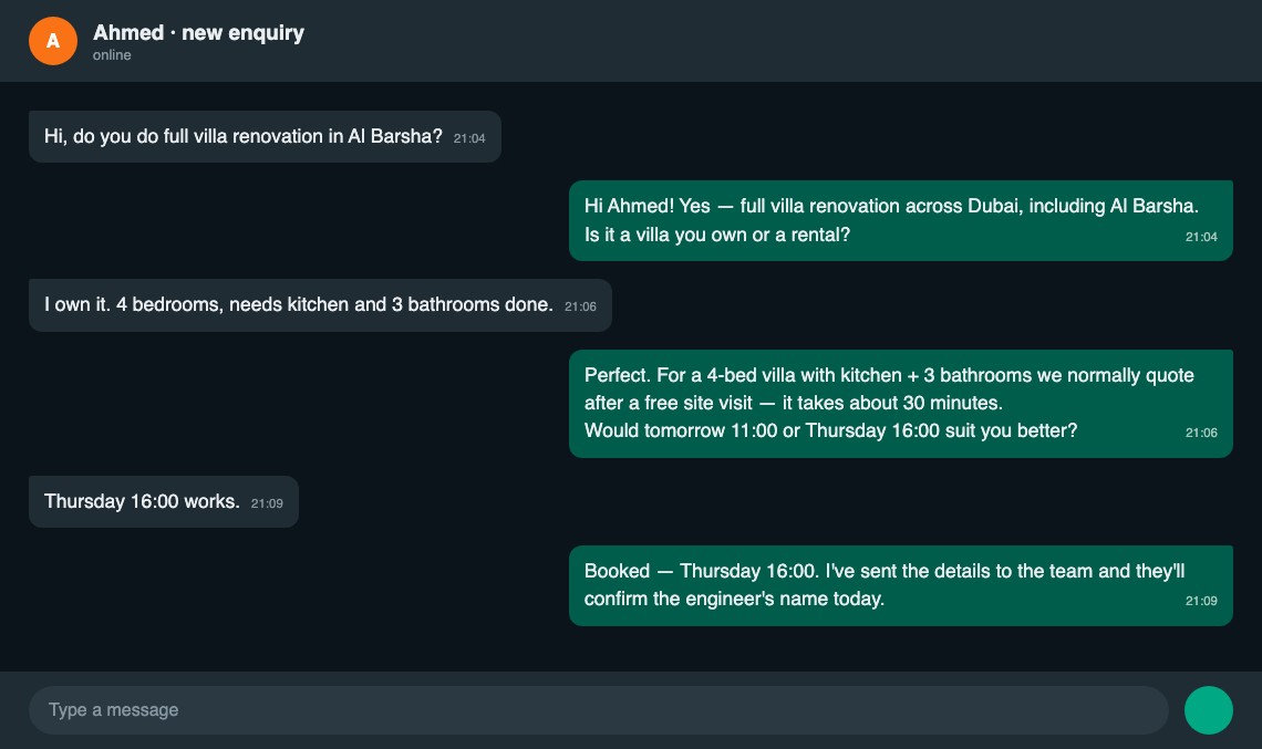 The WhatsApp assistant qualifying a new enquiry and booking a site visit